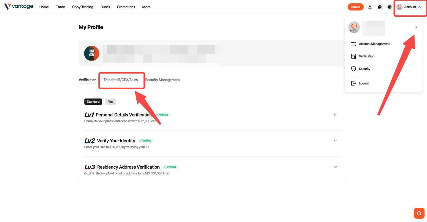 Le menu Account et l'onglet de transfert dans l'espace client Vantage