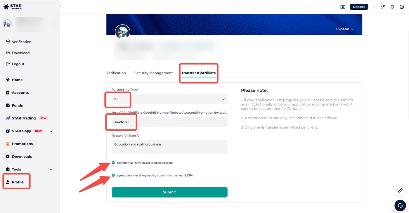 L'onglet Transfer IB/Affiliate dans l'espace client StarTrader